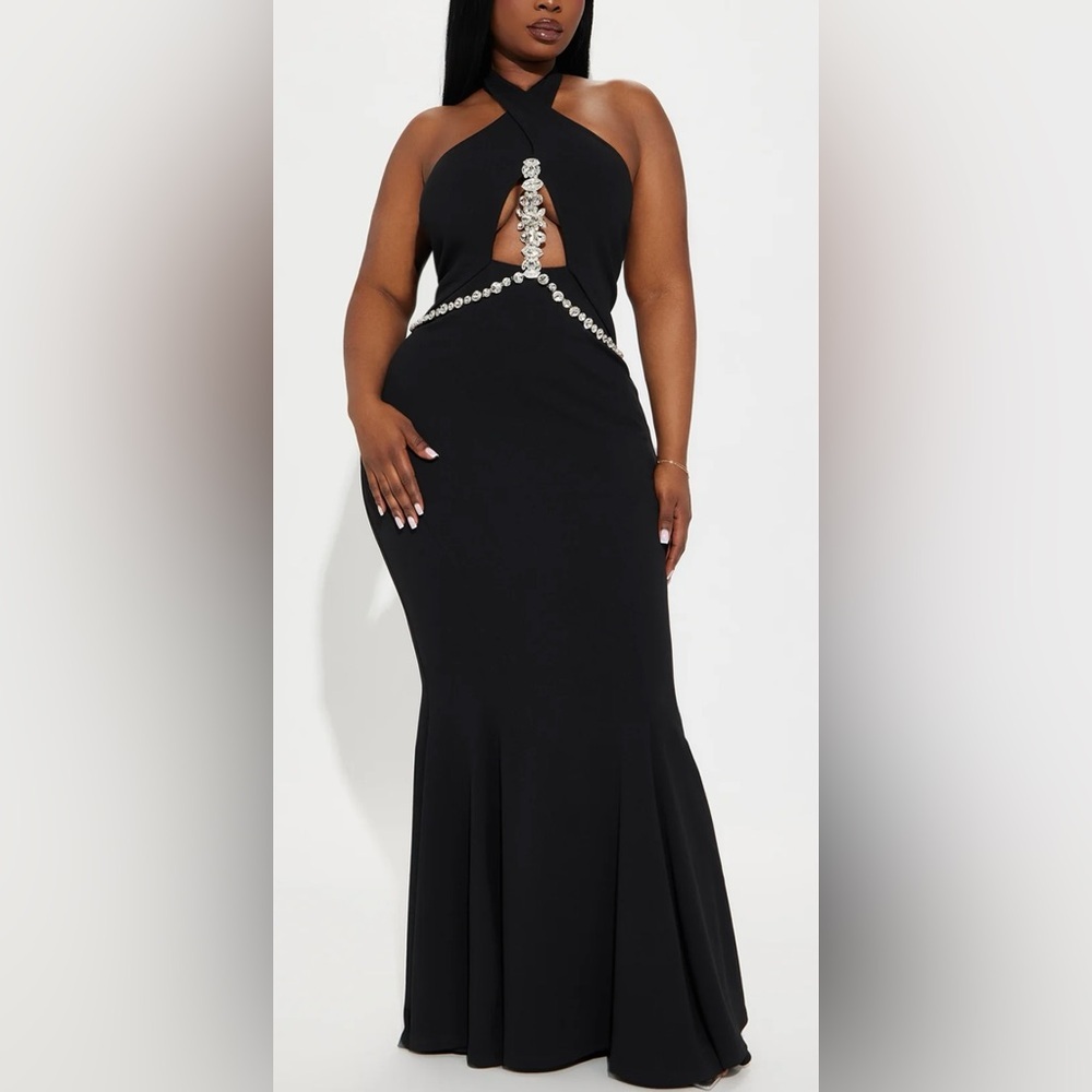 Fashion Nova Embellished Black Mermaid Maxi Dress – Size L – Formal Evening Gown
